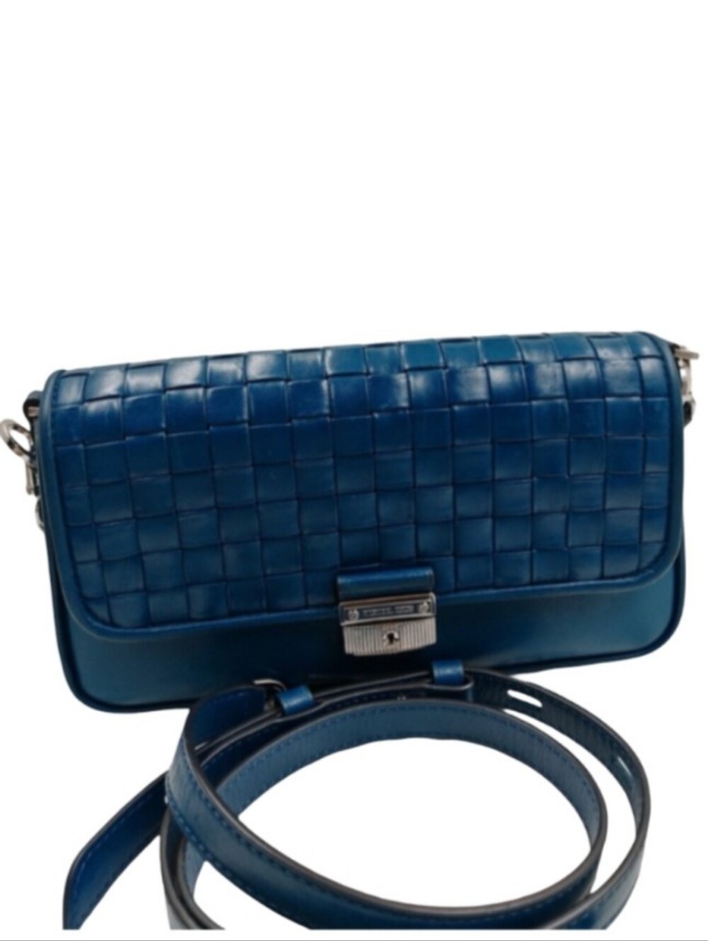 Michael Kors Bradshaw Woven Leather Clutch Shoulder Crossbody Bag Blue Authentic